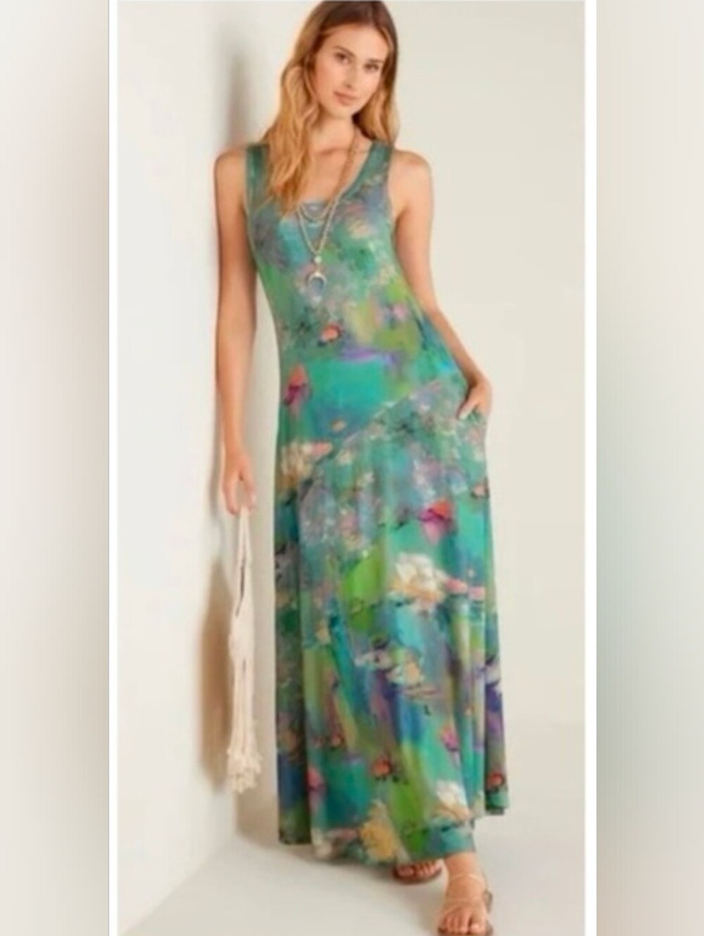 Soft‎ Surroundings Santiago Lakeview Water Color Women’s Jersey Maxi Dress Sz S
